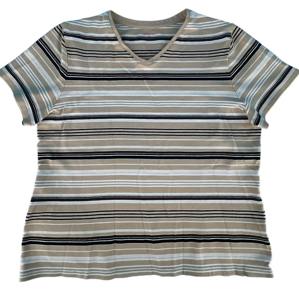 Croft & Barrow V-Neck Striped T-Shirt Top Medium Brown White Black Short Sleeves